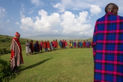 Masai warriors lined up outside their village just outside Ngorogoro crater